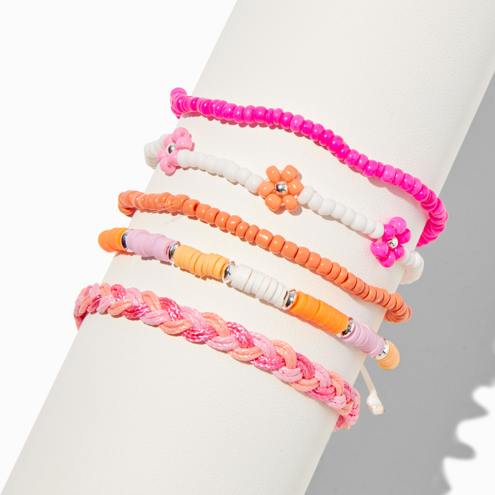 Mixed Pink Floral Beaded Bracelet Set - 5 Pack ,