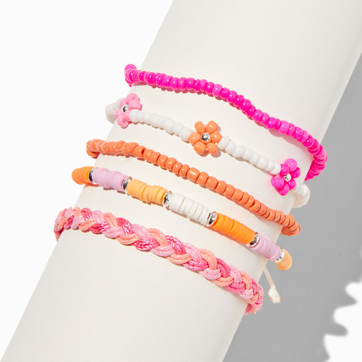 Mixed Pink Floral Beaded Bracelet Set - 5 Pack