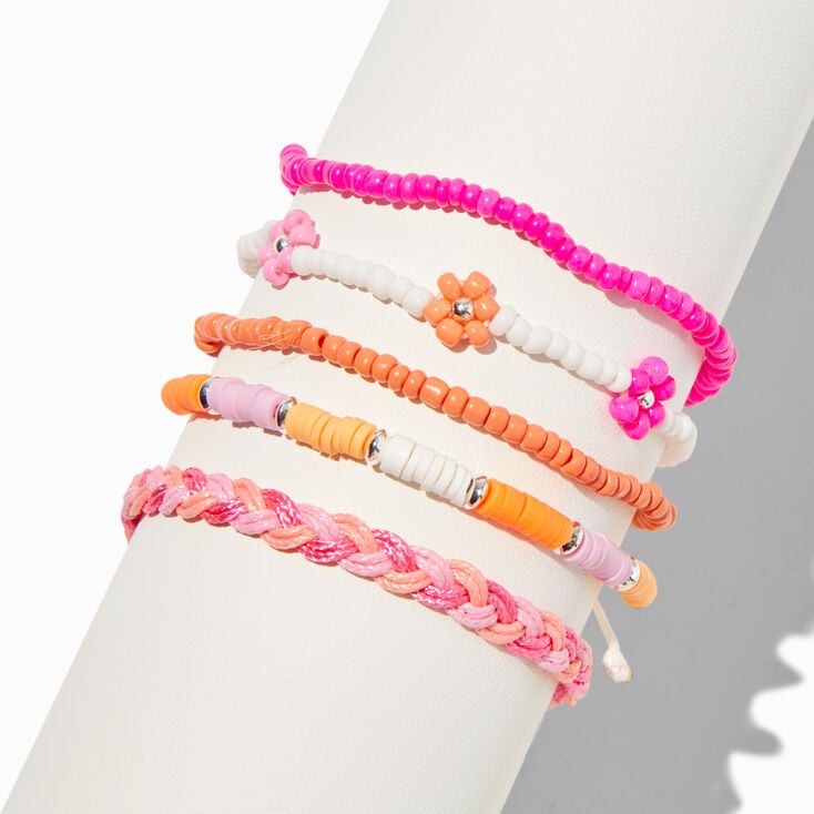 Mixed Pink Floral Beaded Bracelet Set - 5 Pack ,
