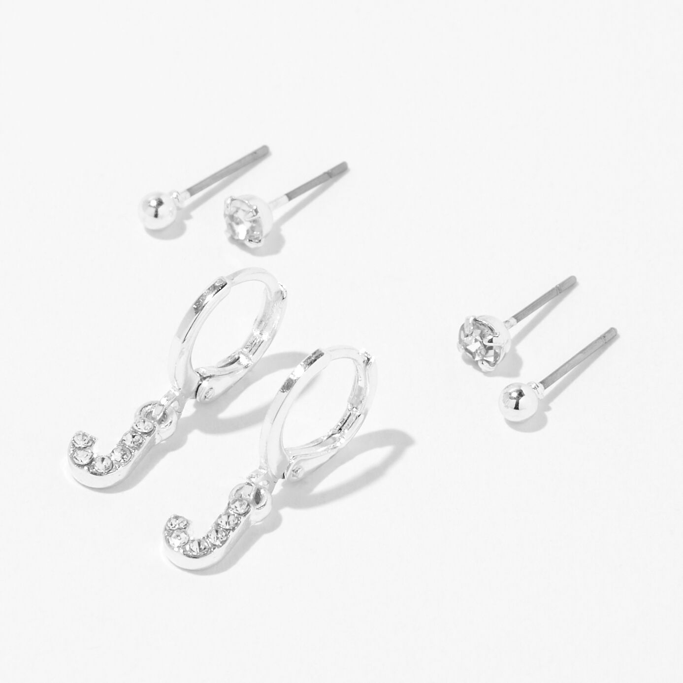 Silver Initial Earring Stackables Set (3 Pack, J),