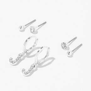 Silver Embellished Initial Huggie Hoop &amp; Stud Earrings - 3 Pack, J,