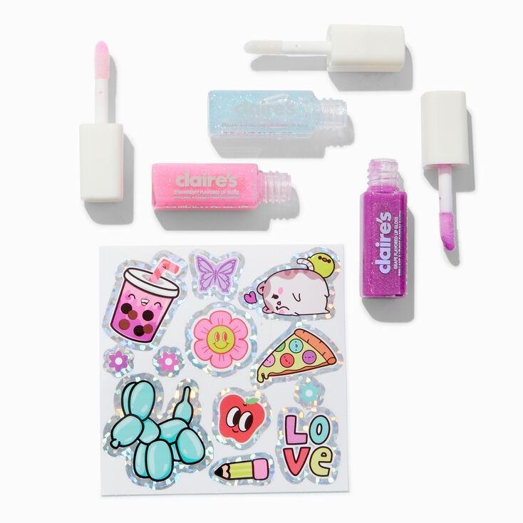 Teddy Bear Pouch Lip Gloss &amp; Sticker Set - 4 Pack,