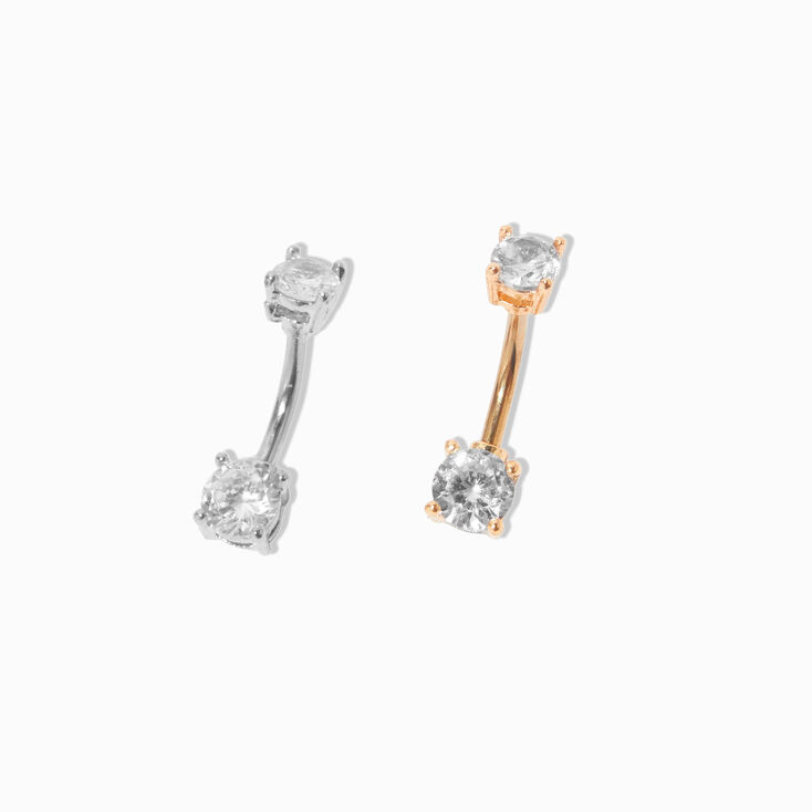Mixed Metal Stainless Steel Cubic Zirconia 14G Belly Bars - 2 Pack,
