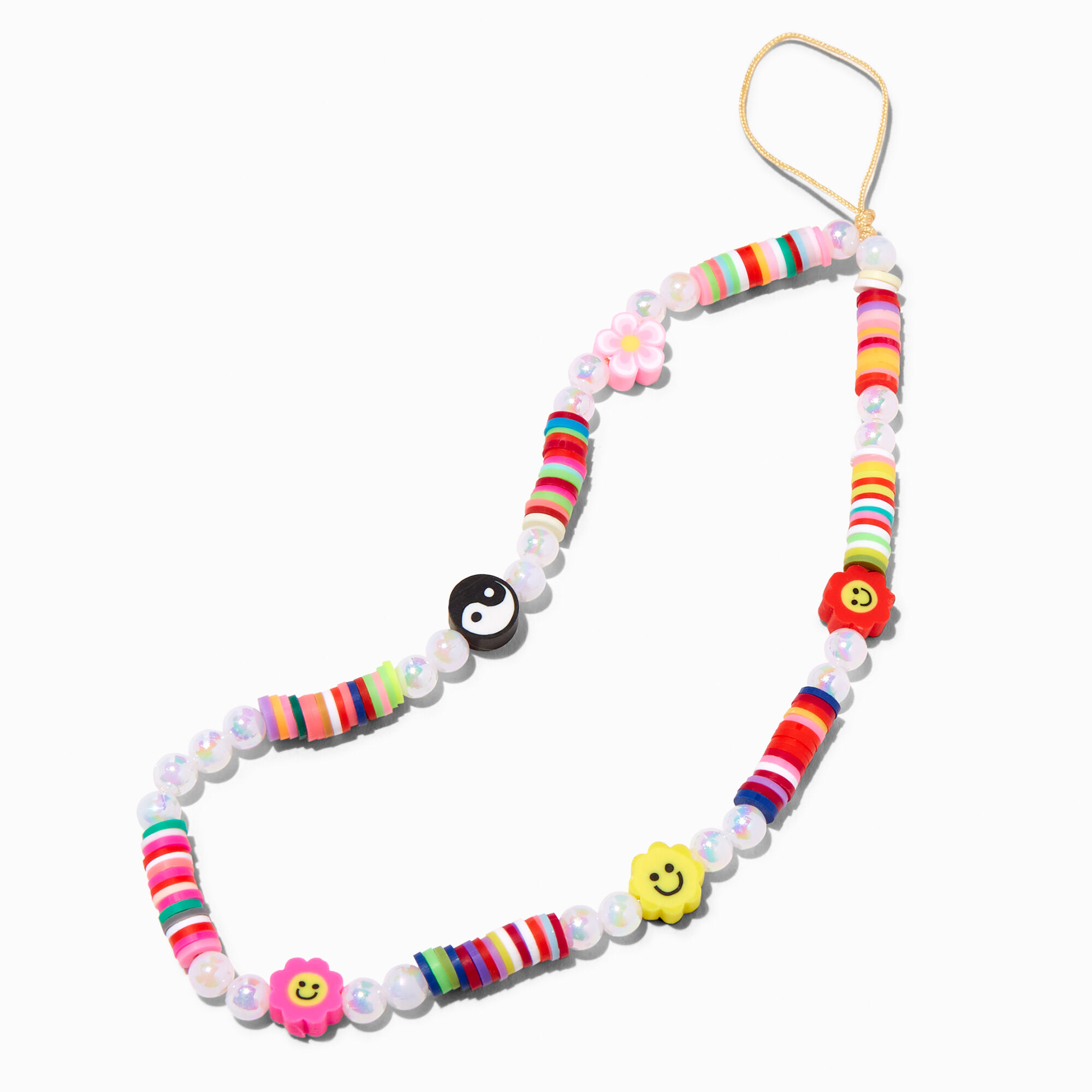 View Claires Happy Face Beaded Phone Wrist Strap Rainbow information
