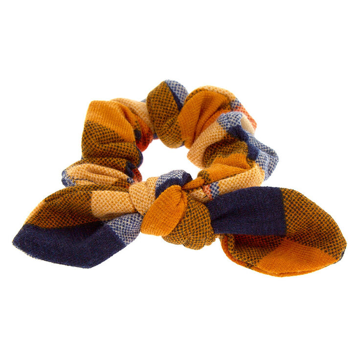 Chouchou &agrave; n&oelig;ud nou&eacute; motif &eacute;cossais jaune moutarde,