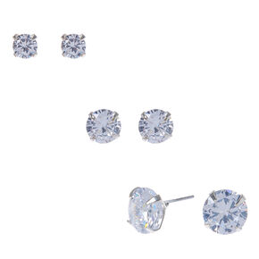 Silver-tone Cubic Zirconia 5mm, 7mm, &amp; 9mm Round Stud Earrings - 3 Pack ,