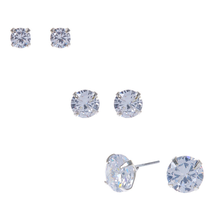 Silver-tone Cubic Zirconia 5mm, 7mm, &amp; 9mm Round Stud Earrings - 3 Pack ,