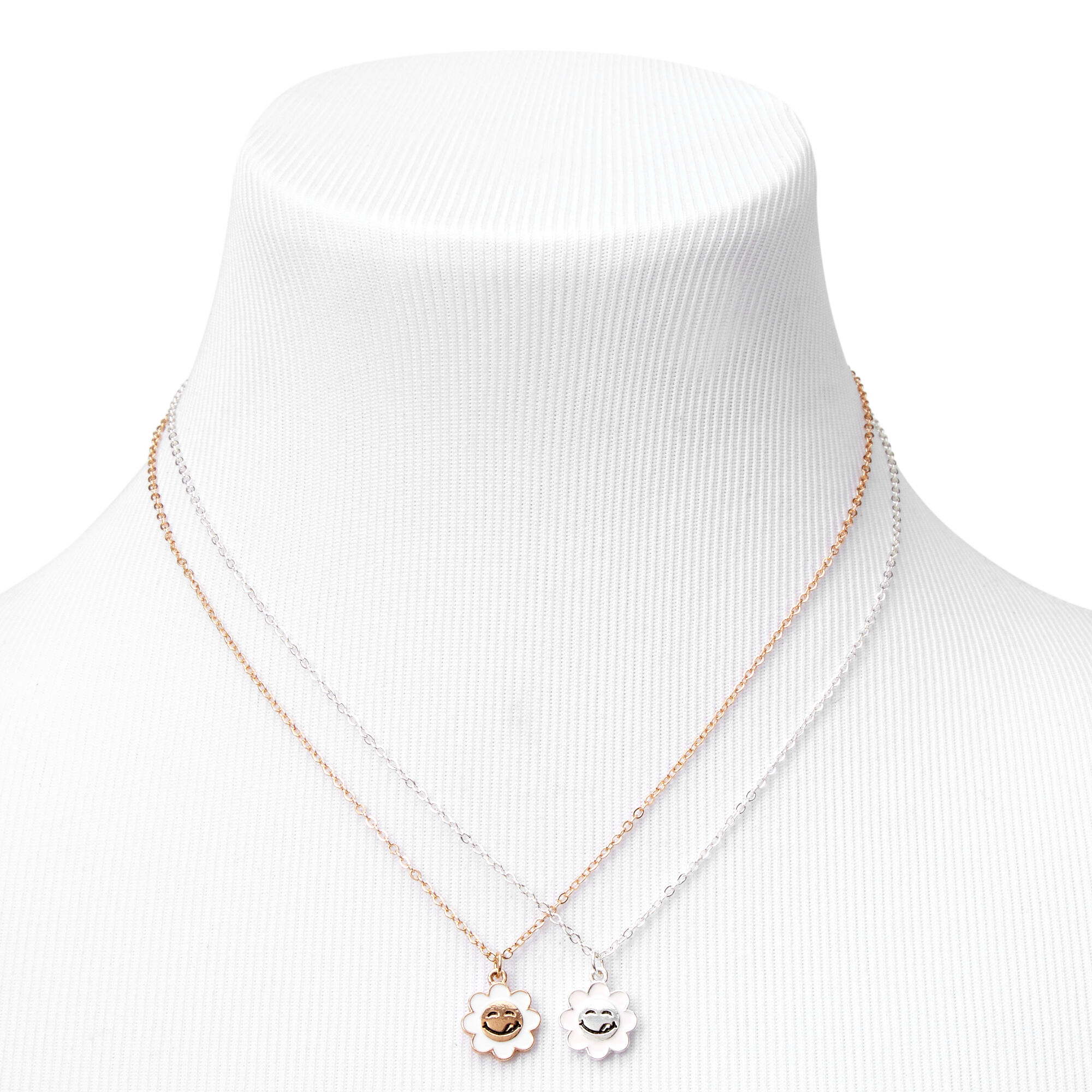 Mixed Metal Happy Face Daisy Pendant Necklace Set (2 Pack),