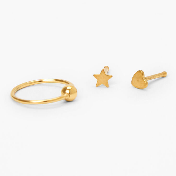 Gold Titanium 20G Heart Star Stud &amp; Hoop Nose Rings - 3 Pack,