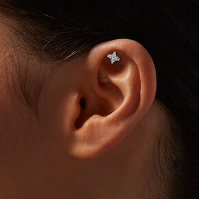 Sterling Silver Ball, Clover, &amp; Trio Crystal 16G Threadless Flat Back Helix Earring - 3 Pack,