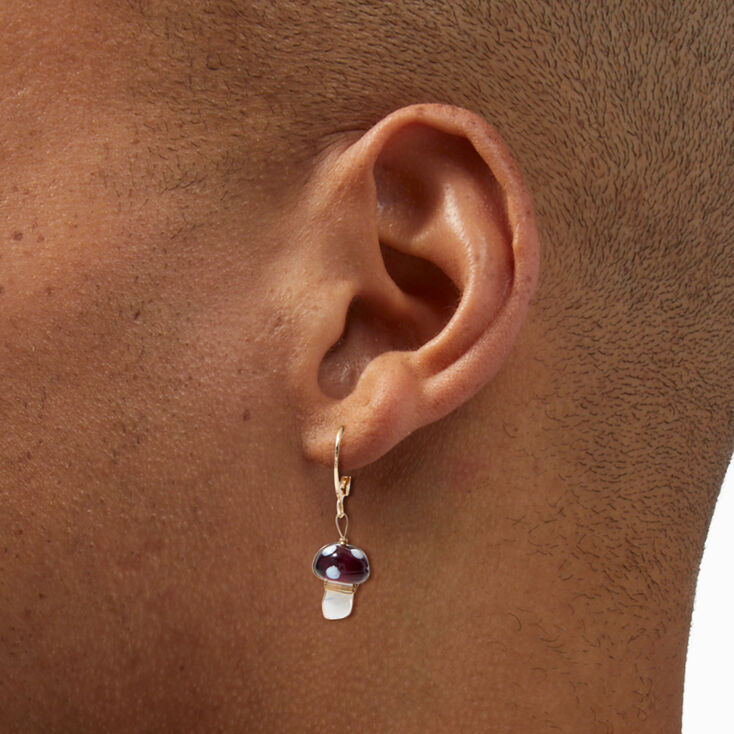 Gold-tone Brown Mushroom Crystal 15mm Huggie Hoop Earrings,