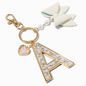 Pearl &amp; Crystal Gold-tone Initial Keychain - A,