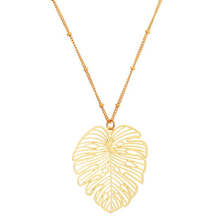 Gold Palm Leaf Long Pendant Necklace,