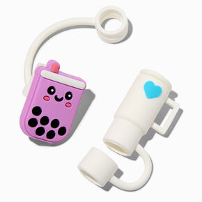 Purple Boba Tea &amp; White Cup Straw Covers - 2 Pack,