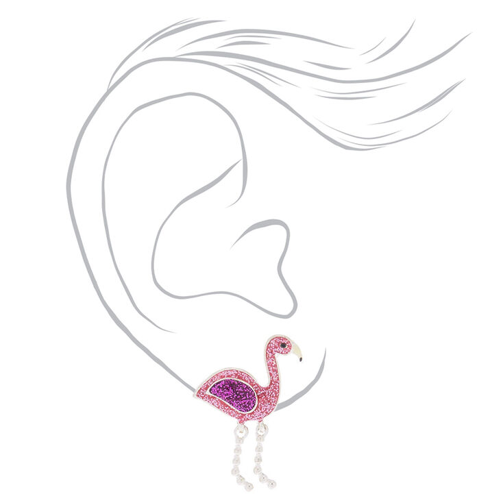 Clous d&#39;oreille flamant rose &agrave; paillettes couleur argent&eacute;,