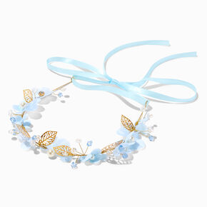 Embellished Blue Floral Ribbon Tie Headwrap,