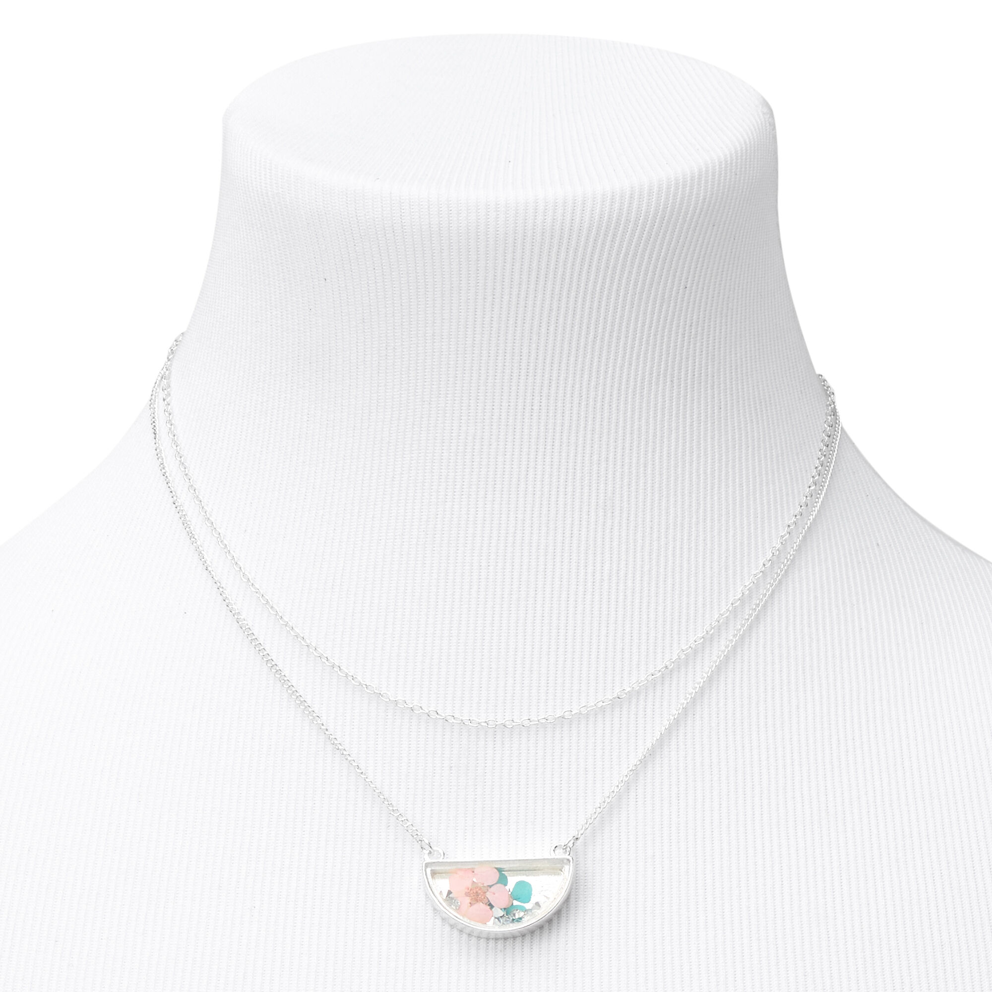 Silver Half Moon Flower Multi Strand Pendant Necklace,