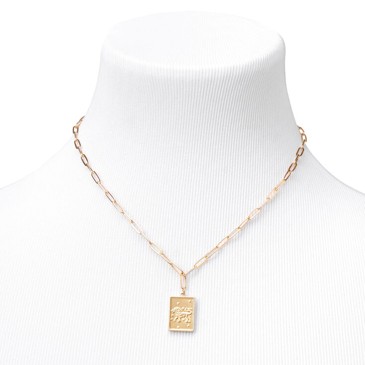 Gold Rectangle Zodiac Symbol Pendant Necklace - Leo,