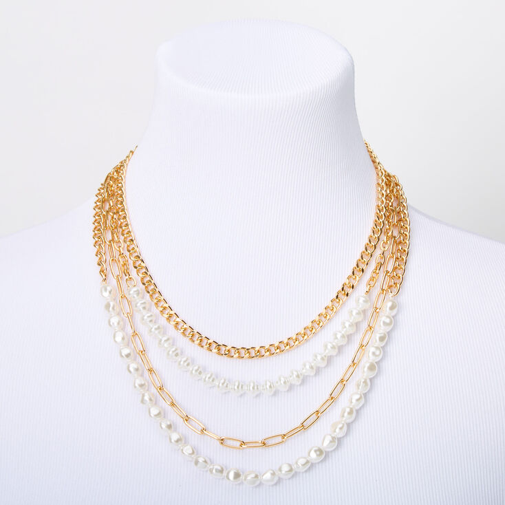 Gold Pearl Chain Multi Strand Necklace,