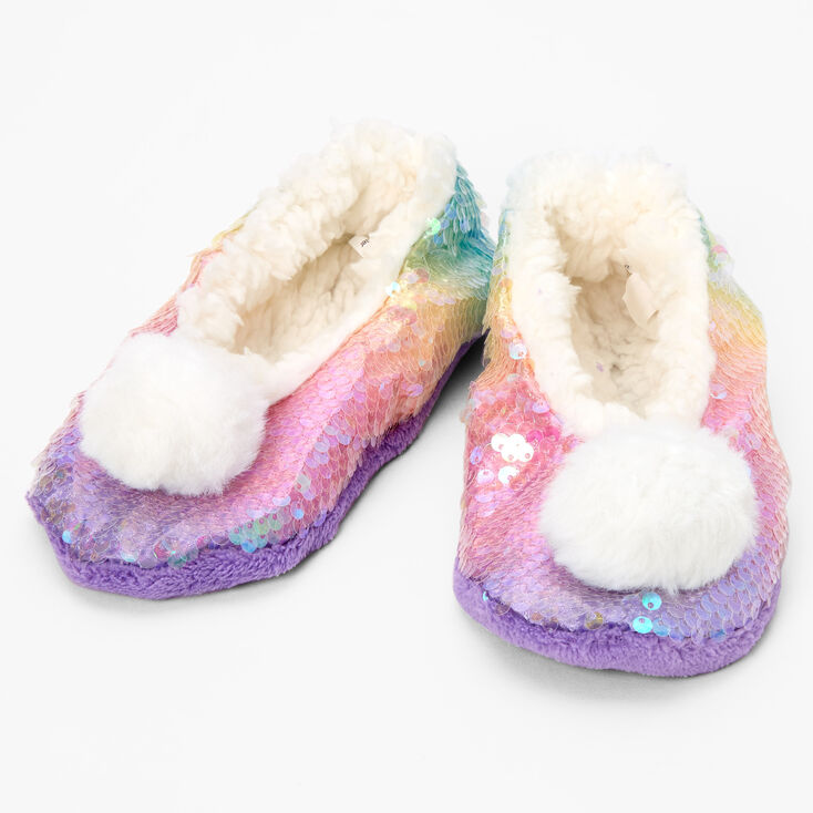 Claire&#39;s Club Sequin Plush Pom Pom Youth Slippers - Purple, S/M,