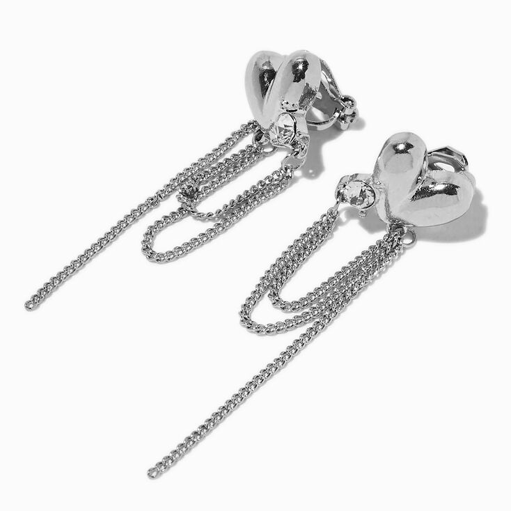 Silver-tone Heart Chains Clip-On Drop Earrings ,