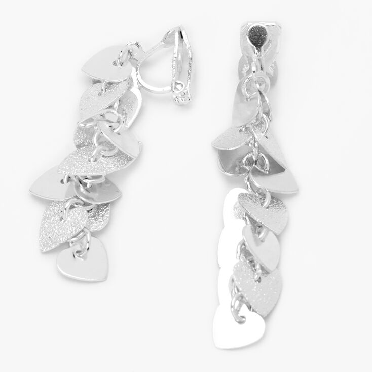 Silver 3&quot; Textured Heart Linear Clip On Drop Earrings,