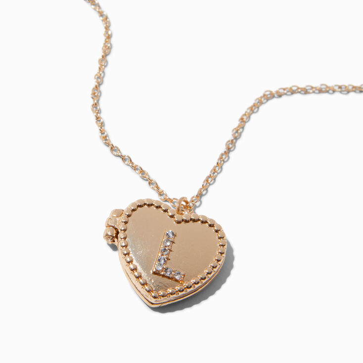 Gold-tone Heart Crystal Initial Locket Pendant Necklace - L,
