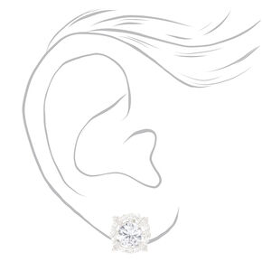 Silver Round Cubic Zirconia Halo Stud Earrings,