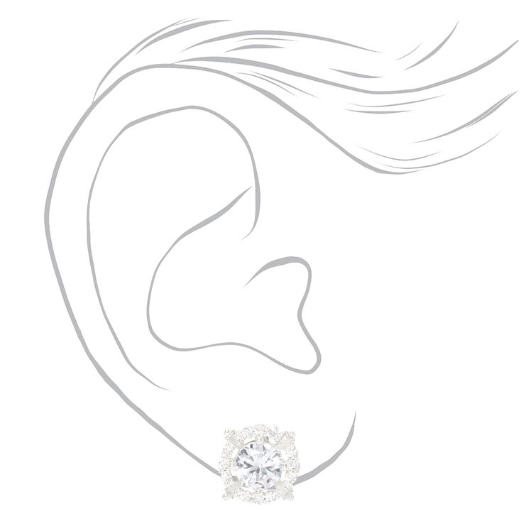 Silver Round Cubic Zirconia Halo Stud Earrings,