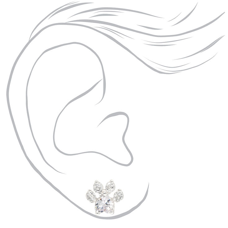 Silver Cubic Zirconia Paw Print Stud Earrings - 10MM,