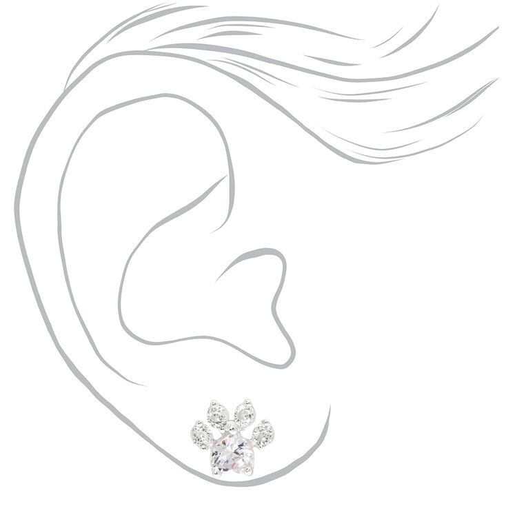 Silver-tone Cubic Zirconia 10MM Paw Print Stud Earrings,