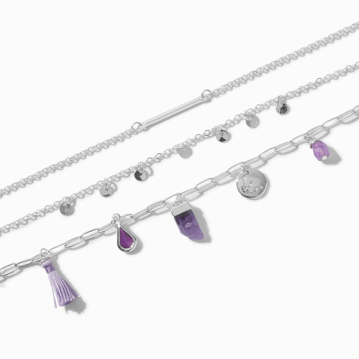 Purple Charm Silver Chain Bracelets - 3 Pack,
