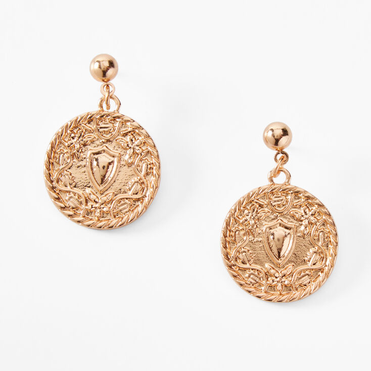 Gold 1&quot; Embossed Coin Drop Earrings,