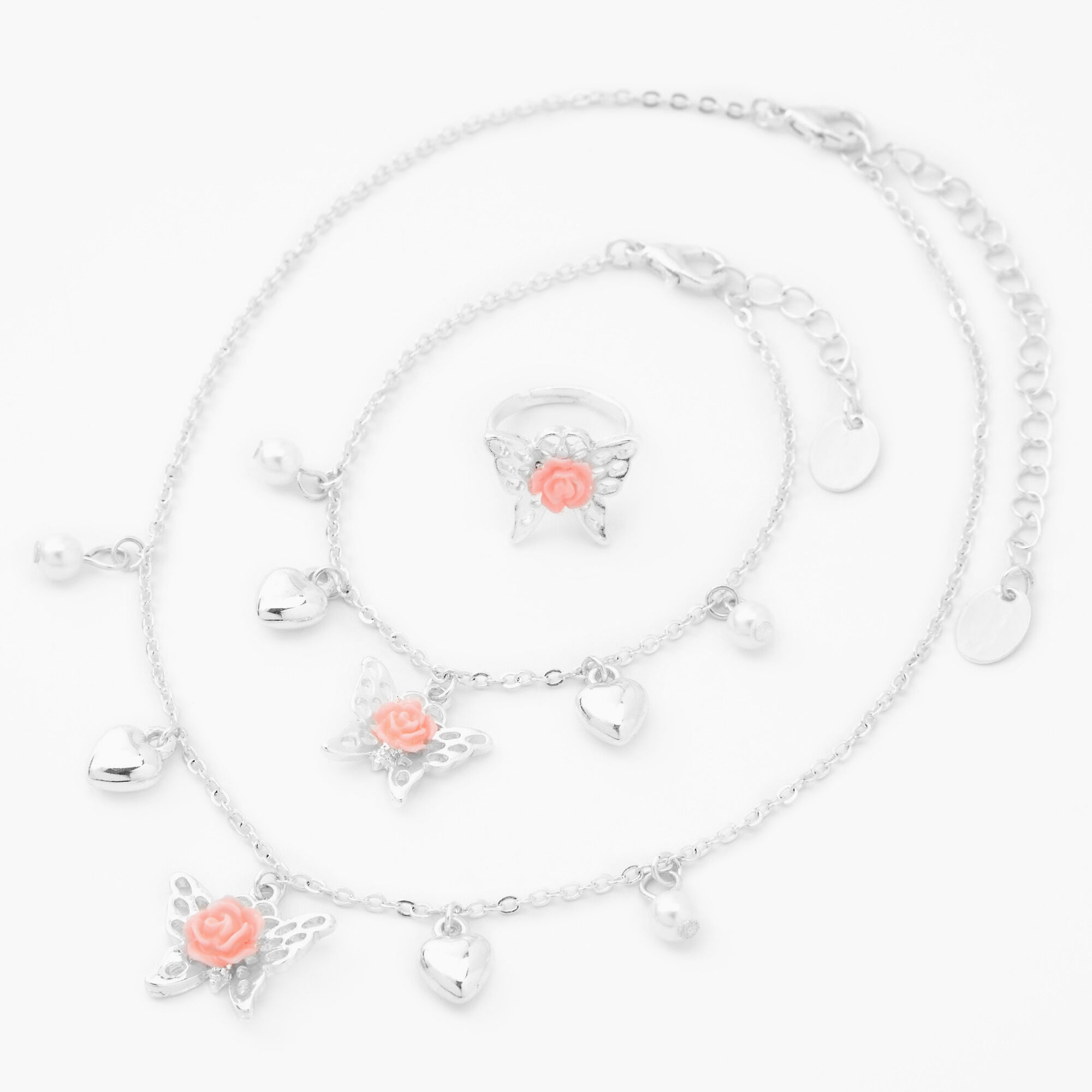 Claire's Parure de bijoux perles d’imitation cœur papillon couleur argentée Claire's Club - Lot de 3