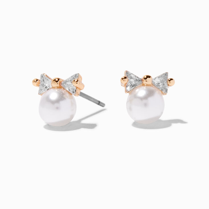 Gold-tone Cubic Zirconia Bow Pearl Stud Earrings ,