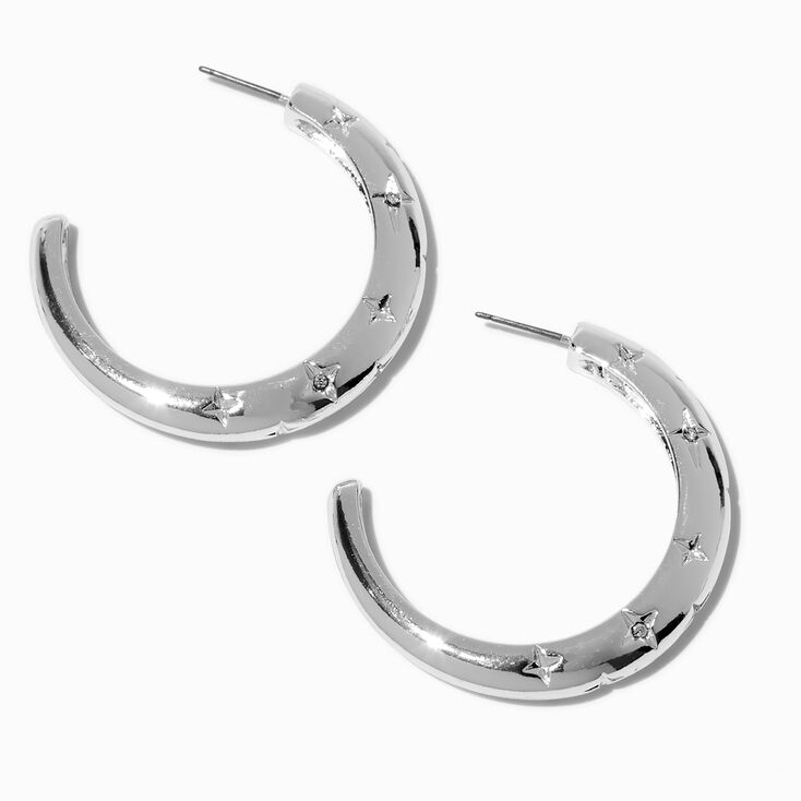 Silver-tone Star Stamped 50mm Hoop Earrings,