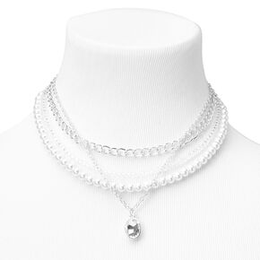 Silver Rhinestone Pearl Chain Multi Strand Necklace,