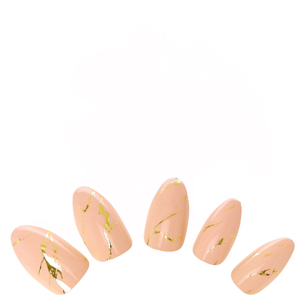 Faux ongles stiletto effet marbré métallisé couleur dorée - Nude, lot de 24,