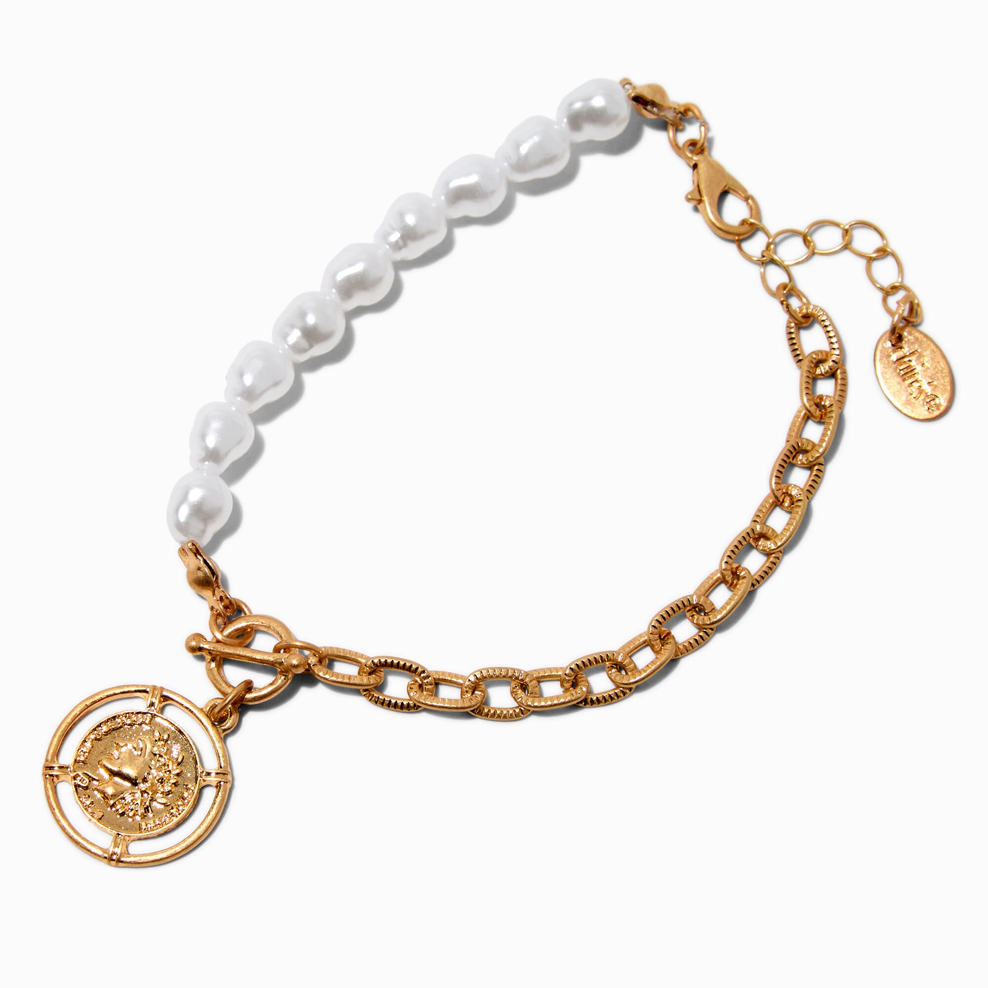 Antiqued Coin Mixed Pearl Chain Bracelet,