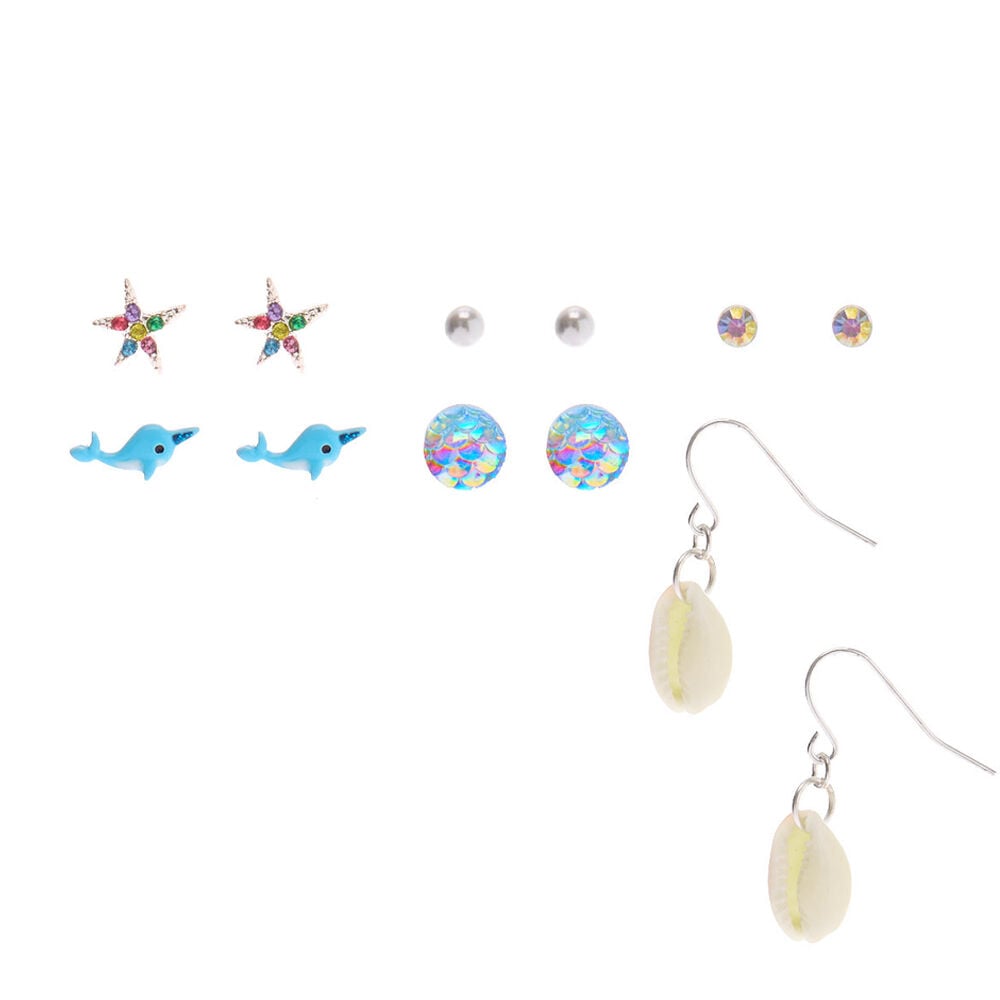 Silver Narwhal Seashell Mixed Earrings Blue 6 Pack