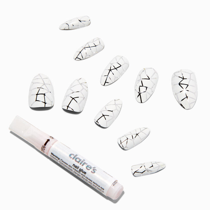 Silver Cracked Stiletto Vegan Faux Nail Set - 24 Pack,