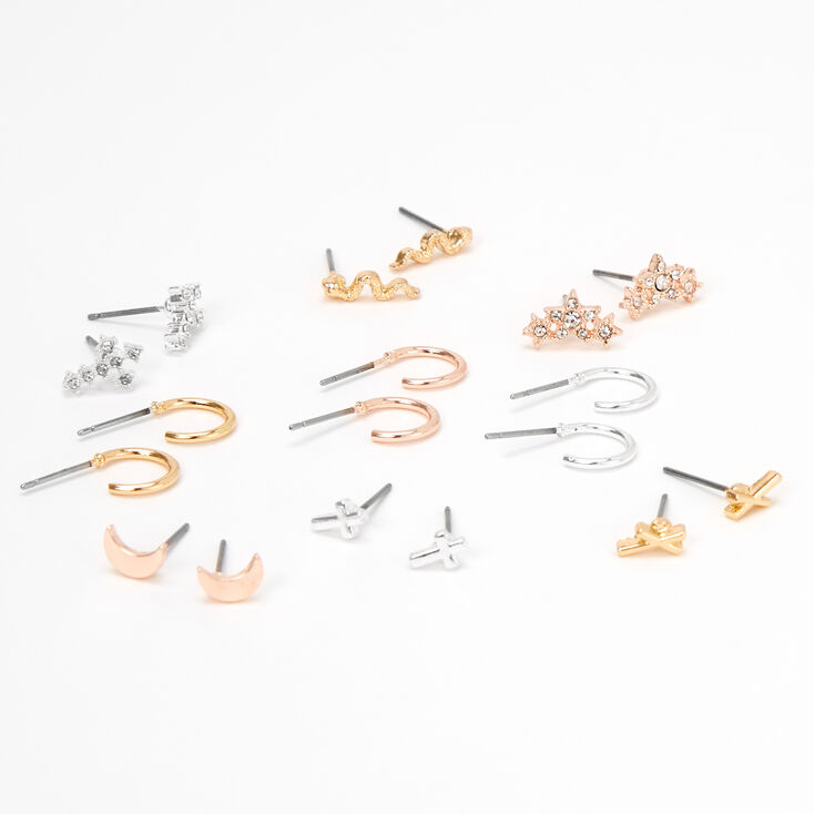 Mixed Metal Mystical Stud &amp; Hoop Earrings - 9 Pack,