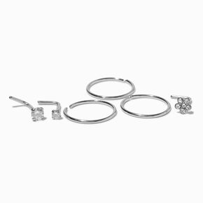 20G Silver-tone Stainless Steel Cubic Zirconia Daisy &amp; Square Studs &amp; Hoops - 6 Pack,