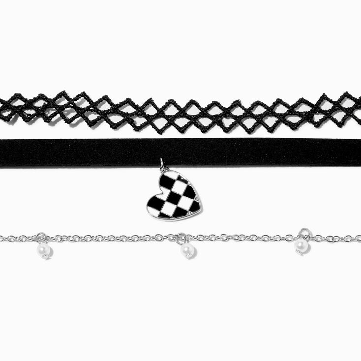 Ras-de-cou effet tatouage &agrave; pendentif c&oelig;ur &agrave; carreaux noir &#40;lot de 3&#41;,