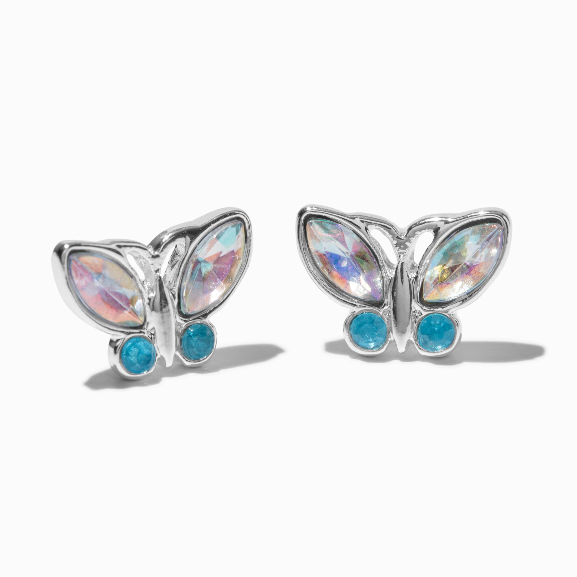 View Claires Iridescent Crystal Butterfly Stud Earrings Silver information