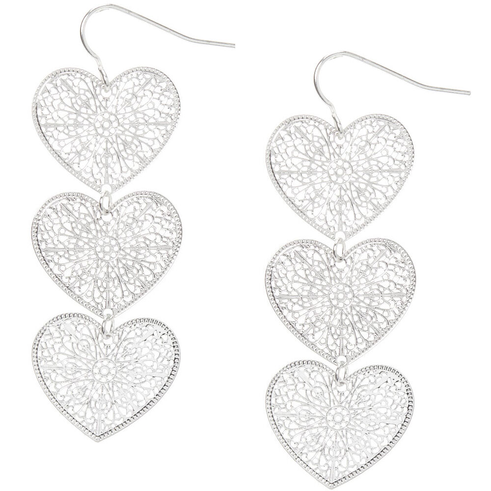Silver 2" Filigree Heart Drop Earrings,