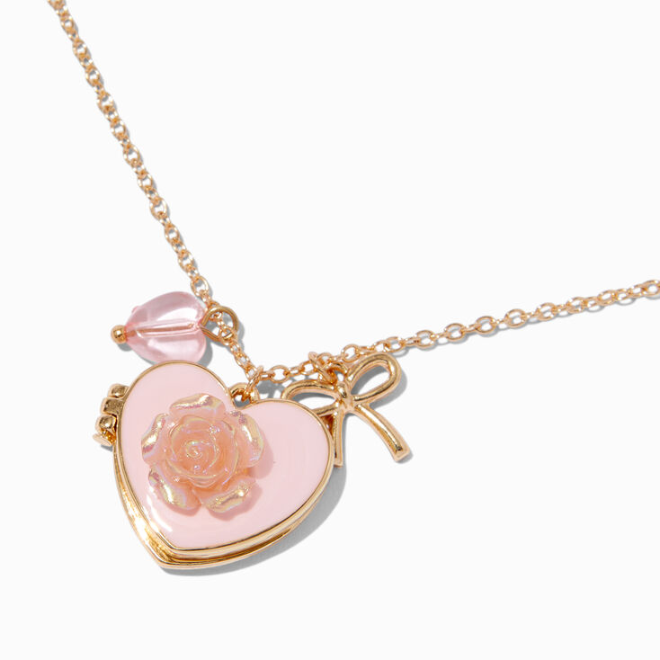 Pink Rose Heart Locket Gold-tone Pendant Necklace,
