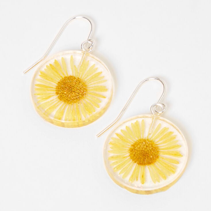 Silver 1&quot; Sunflower Drop Earrings - Yellow,