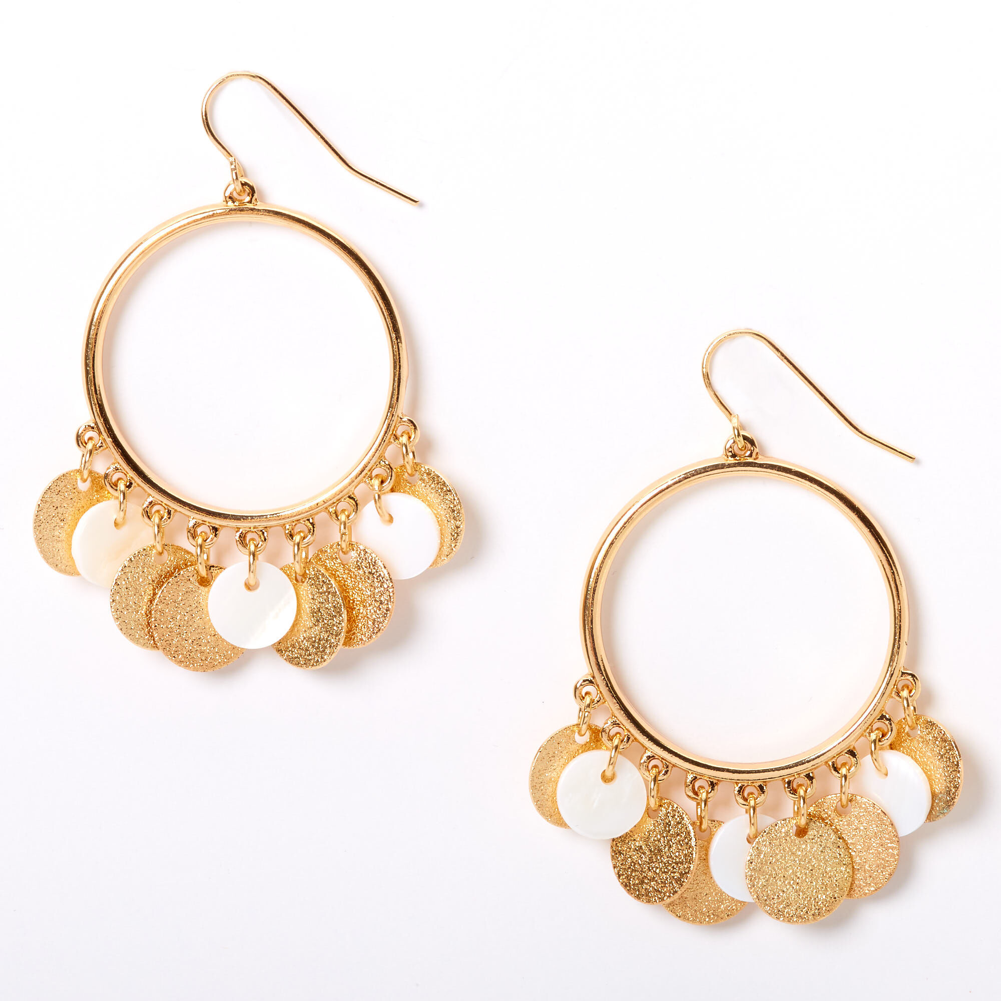 Gold 2" Textured Circle Seashell Drop Earrings,