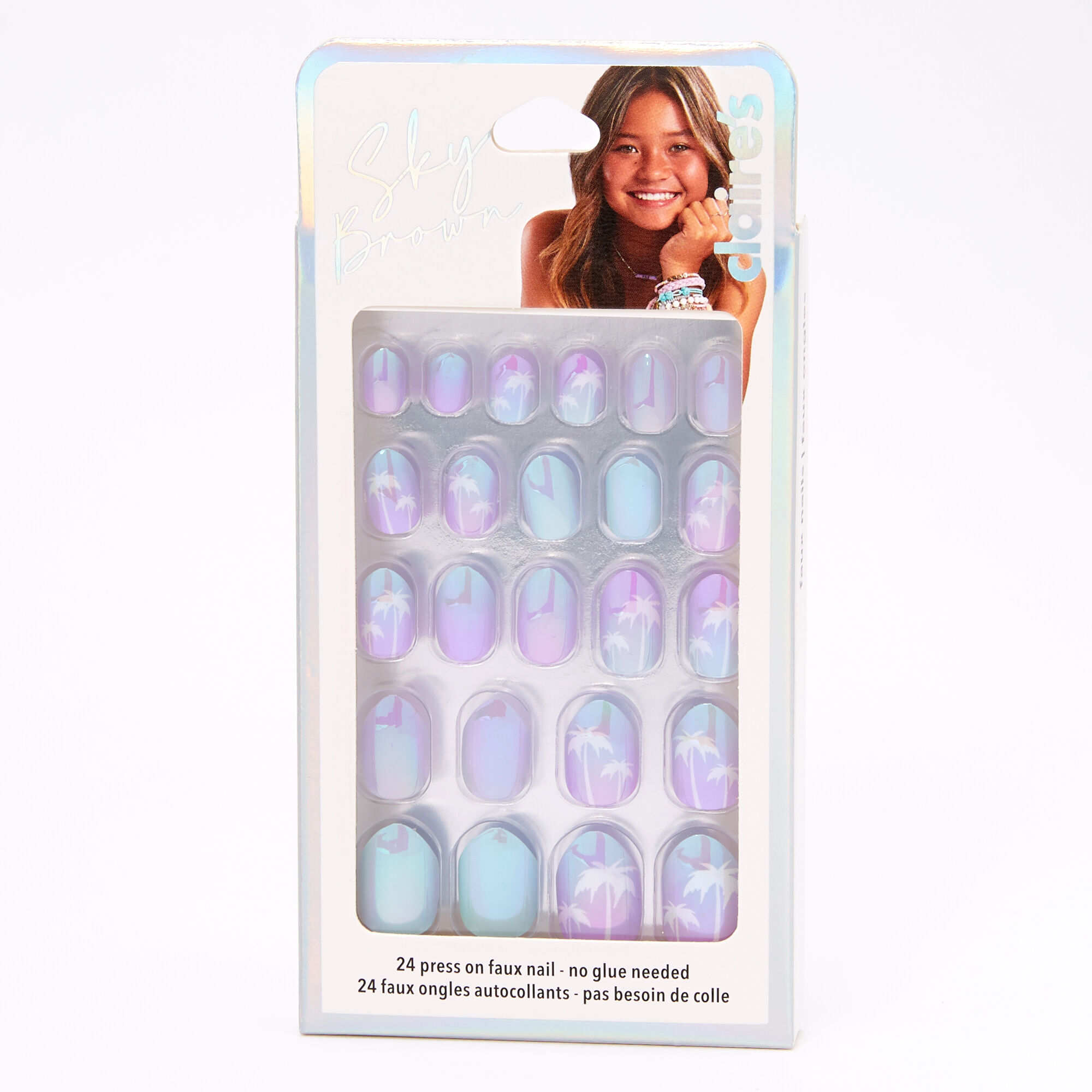 Sky Brown™ Palm Tree Stiletto Faux Nails – Purple, 24 Pack,
